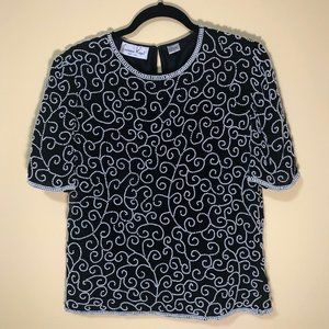 Vintage Laurence Kazar Swirl Pearl Beaded Silk Top